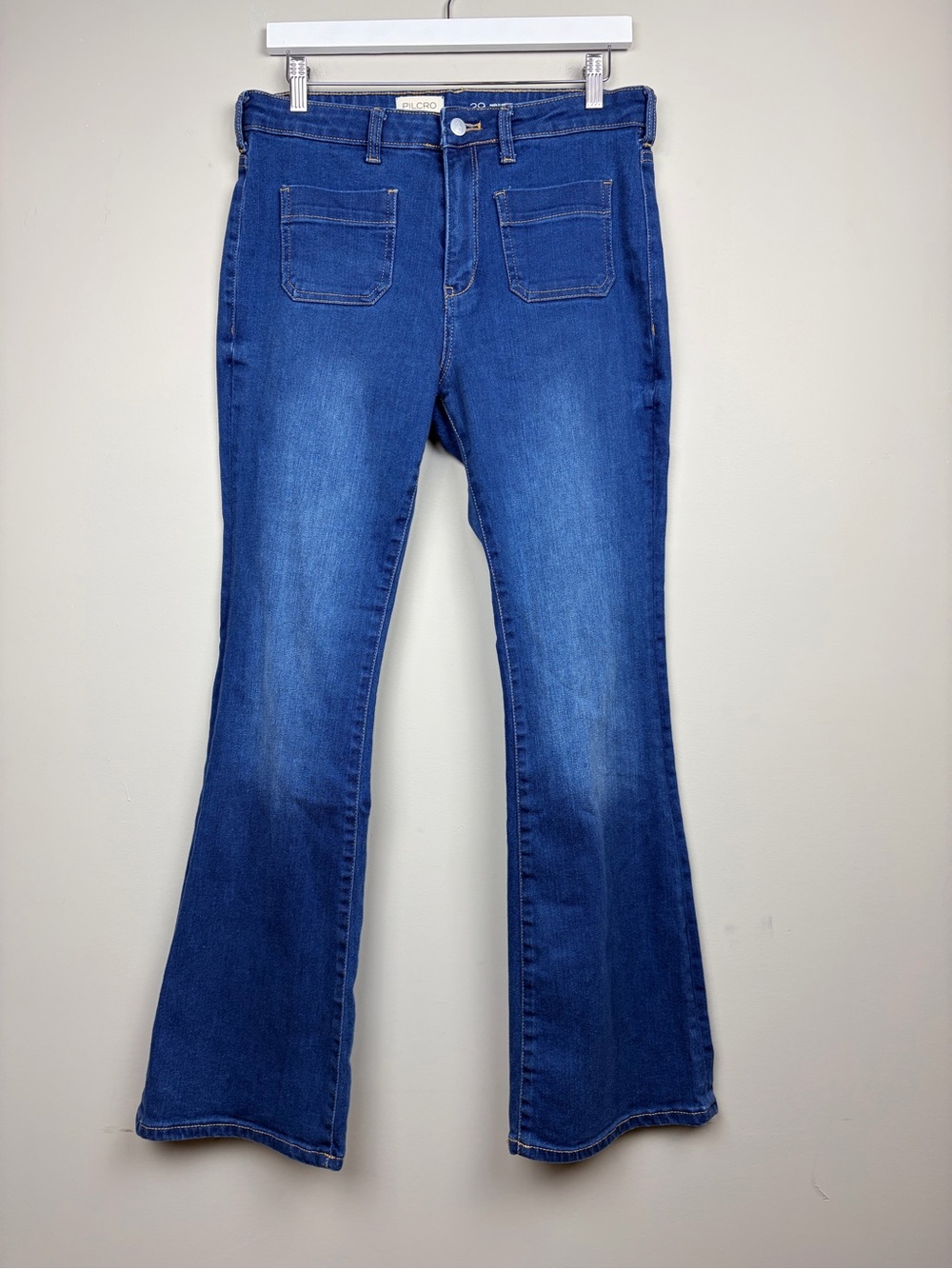 Pilcro The Icon Patch Pocket Flare Jeans Womens 29 Blue High Rise Stretch Denim